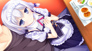 Maid outfit woman sitting table - a plate of food free wallpaper