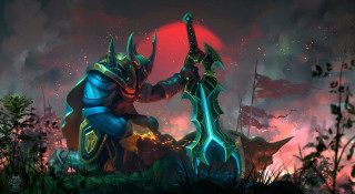 Demon sword red sun forest - a painting of a demon holding free wallpaper