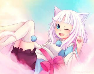 Kawaii anime catgirl pinkoutfit bluebackground - a cat ear free wallpaper