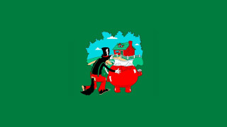 Man black suit red cow - folk art free wallpaper