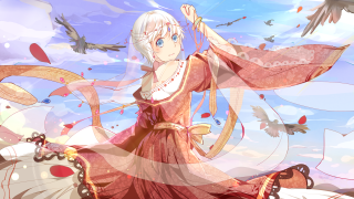 Woman red dress bird flying 2 - the sky behind her free wallpaper