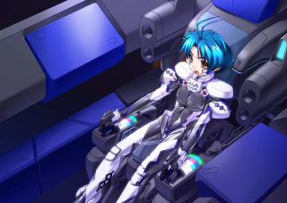 Robot girl blue chair blue - a blue light behind her free wallpaper