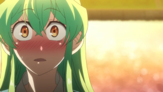 Green hair big eyes blush - a yellow wall free wallpaper