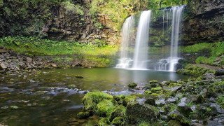 Waterfall forest moss rocks sunlight - anthony s waters free wallpaper