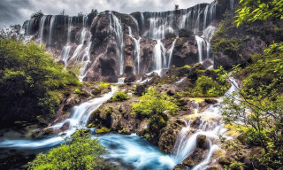 Waterfall blue river trees cloudy - cui bai free wallpaper