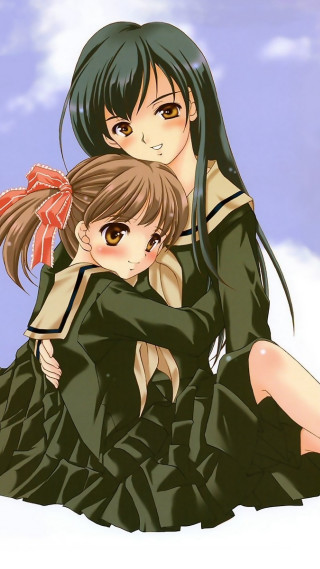 Anime girls hugging snow sky - a sky background behind them free wallpaper