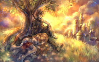 Couple hugging tree field castle - under free wallpaper for desktop