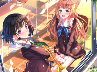 Anime girls staircase standing together - two anime girl free wallpaper