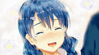 Girl blue hair white shirt 5 - smiling free wallpaper