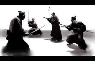 Kimonos swords masks group people - mask free wallpaper