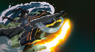 Woman flying gun fireball background - action scene free wallpaper