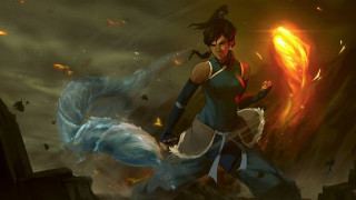 Woman blue dress running fireball - her hand and a dragon free wallpaper