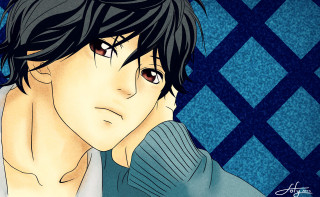 Man black hair sweater blue - against free wallpaper