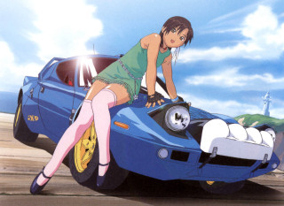 Woman green dress blue car - a blue car free wallpaper