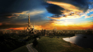 City tall buildings river sunset 6 - sunset time free wallpaper