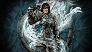 Woman armor sword ball blue - a woman in armor holding free wallpaper