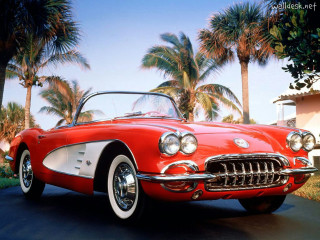 Red white car palm trees - a street next free wallpaper