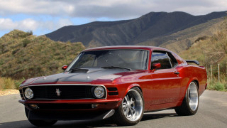 Red mustang parked road mountain - matte finish free wallpaper
