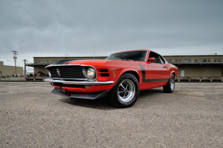 Red mustang parking lot cloudy - kodachrome free wallpaper