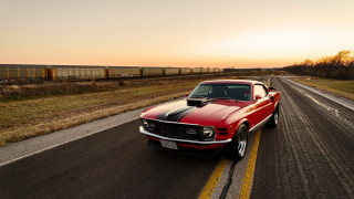 Red mustang country road sunset - daren bader free wallpaper