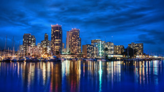 City skyline harbor boats night 3 - a harbor free wallpaper