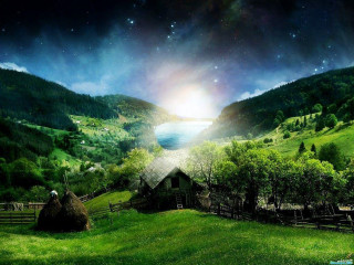 Green field lake mountains person - alena aenami free wallpaper