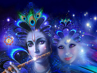 Women peacock feathers flute painting 3 - ella guru free wallpaper