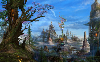 Fantasy city trees buildings bird - over the city free wallpaper