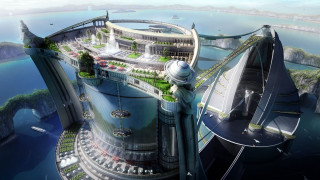 Futuristic city bridge buildings water 3 - a futuristic city free wallpaper