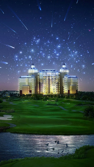 Night golf course building pond - free new year wallpaper