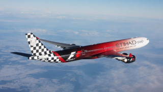 Red white airplane flying clouds - international typographic style free wallpaper
