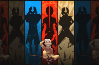 Cartoon man sitting colored banners - a man in the middle free wallpaper