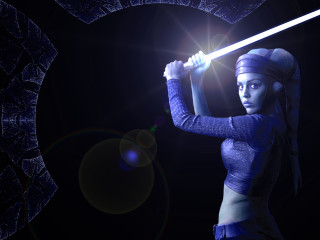 Woman blue outfit sword black - a circular pattern free wallpaper