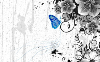 Blue butterfly white wall flowers - flower and swirls free wallpaper