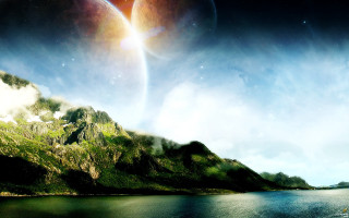 Planet mountains water aurora night - a. hardy free wallpaper