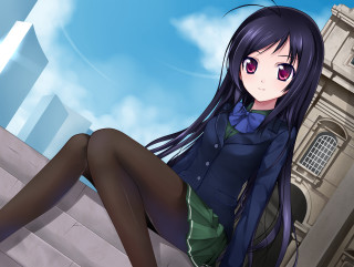 Woman sitting ledge clock tower - city background free wallpaper
