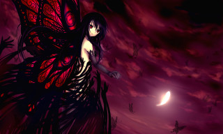 Woman butterfly wings dark half - a half moon in the background free wallpaper