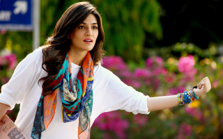 Woman colorful scarf cellphone street - impressionist free wallpaper