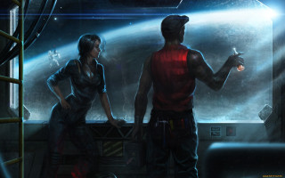 Man woman window spaceship distance - mass effect free wallpaper