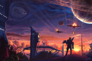 Couple sunset city spaceship sky - free sci-fi wallpaper