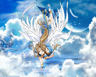 Girl flying wings clouds castle - a castle in the sky free wallpaper