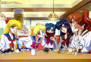 Anime girls table eating food - behind them free wallpaper