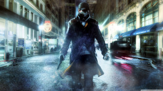Man gas mask coat walking - a street in the rain free wallpaper