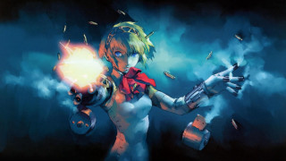 Woman gun lightup sky clouds - a sky background behind her free wallpaper