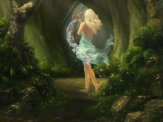 Woman green dress forest stream 2 - her mouth free wallpaper