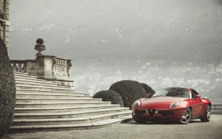 Red sports car stone staircase - a hill side free wallpaper