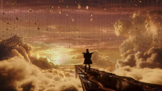 Person standing ledged clouds umbrella - a sky full free wallpaper