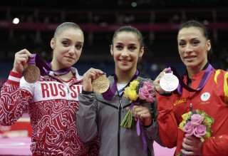 Three women holding medals crowd - socialist realism free wallpaper