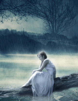 Gothic woman rain storm lake - a dark sky free wallpaper