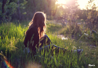 Woman sitting grass sunlight trees - a photo free wallpaper